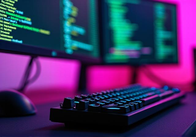 Close up of professional coding setup with neon lighting
