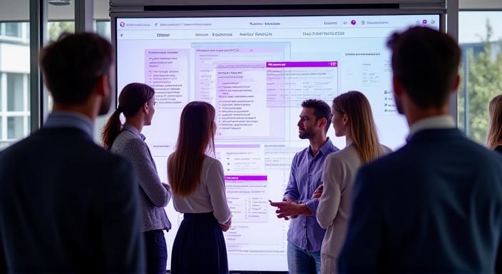 Team collaborating over a architectural wireframe on a large screen
